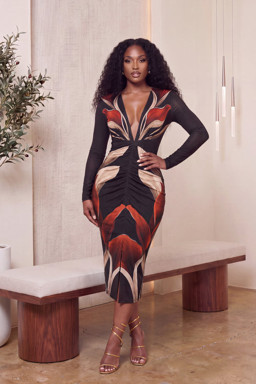 "LIVING COLOR" FLORAL MIDI DRESS(BLACK)