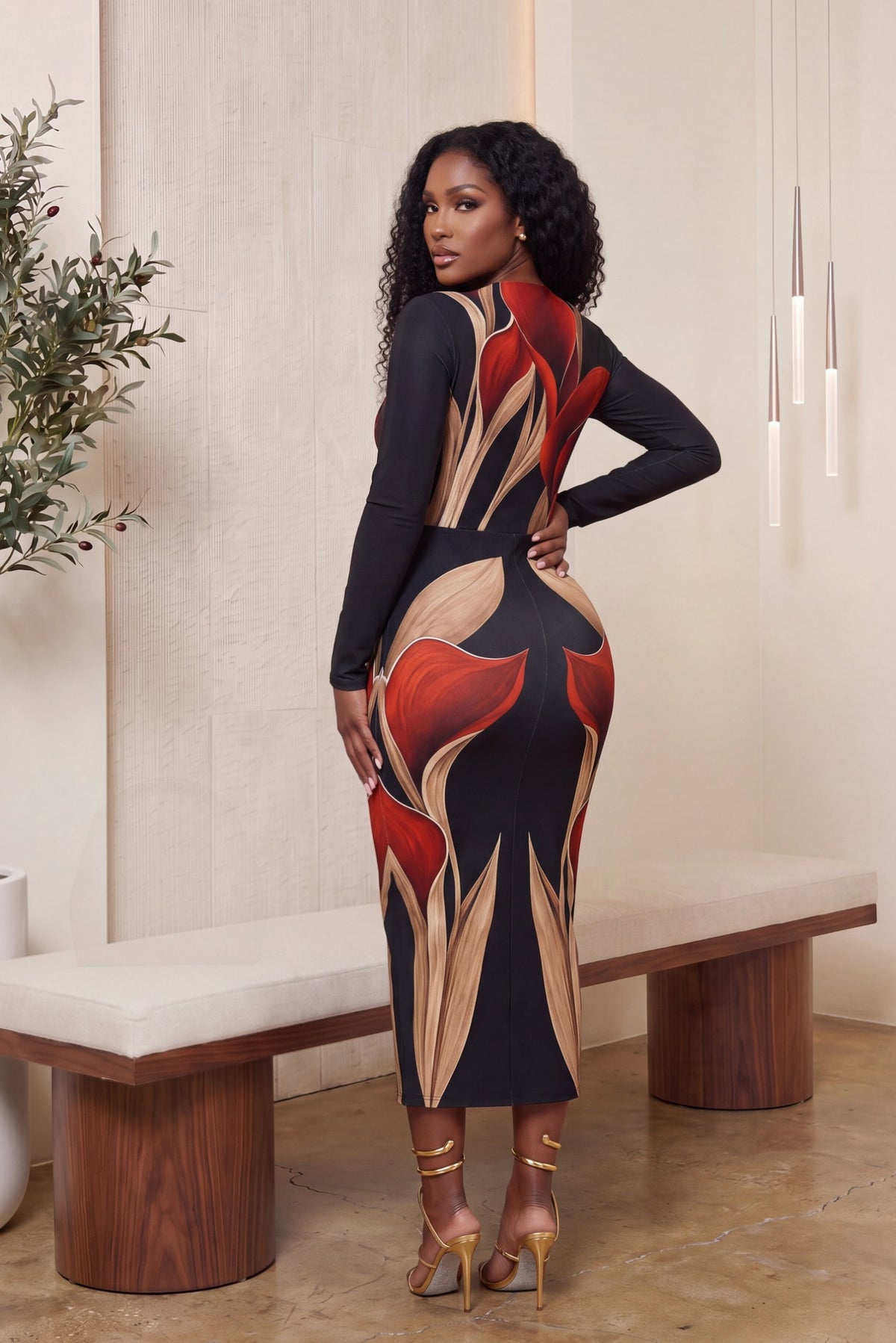 "LIVING COLOR" FLORAL MIDI DRESS(BLACK)