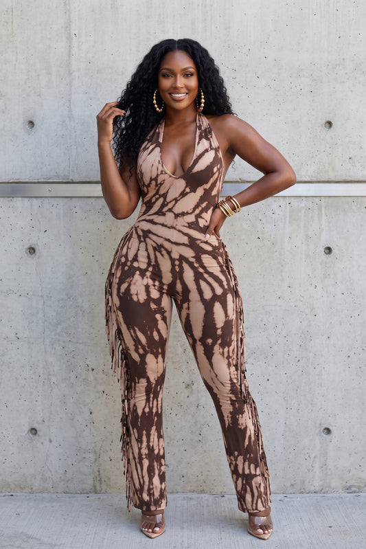 "TIED AND TRUE" FRINGE JUMPSUIT (BROWN/TAUPE))