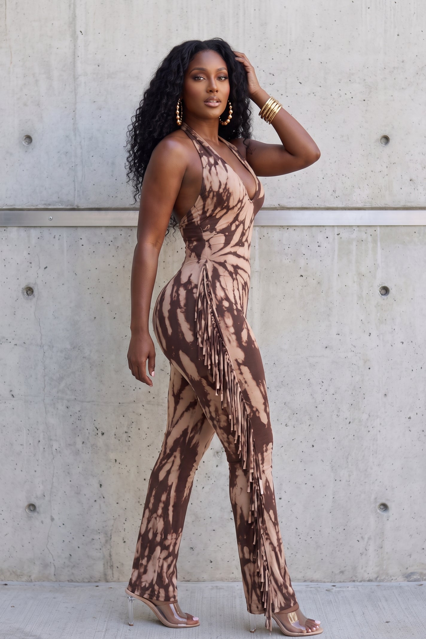 "TIED AND TRUE" FRINGE JUMPSUIT (BROWN/TAUPE))