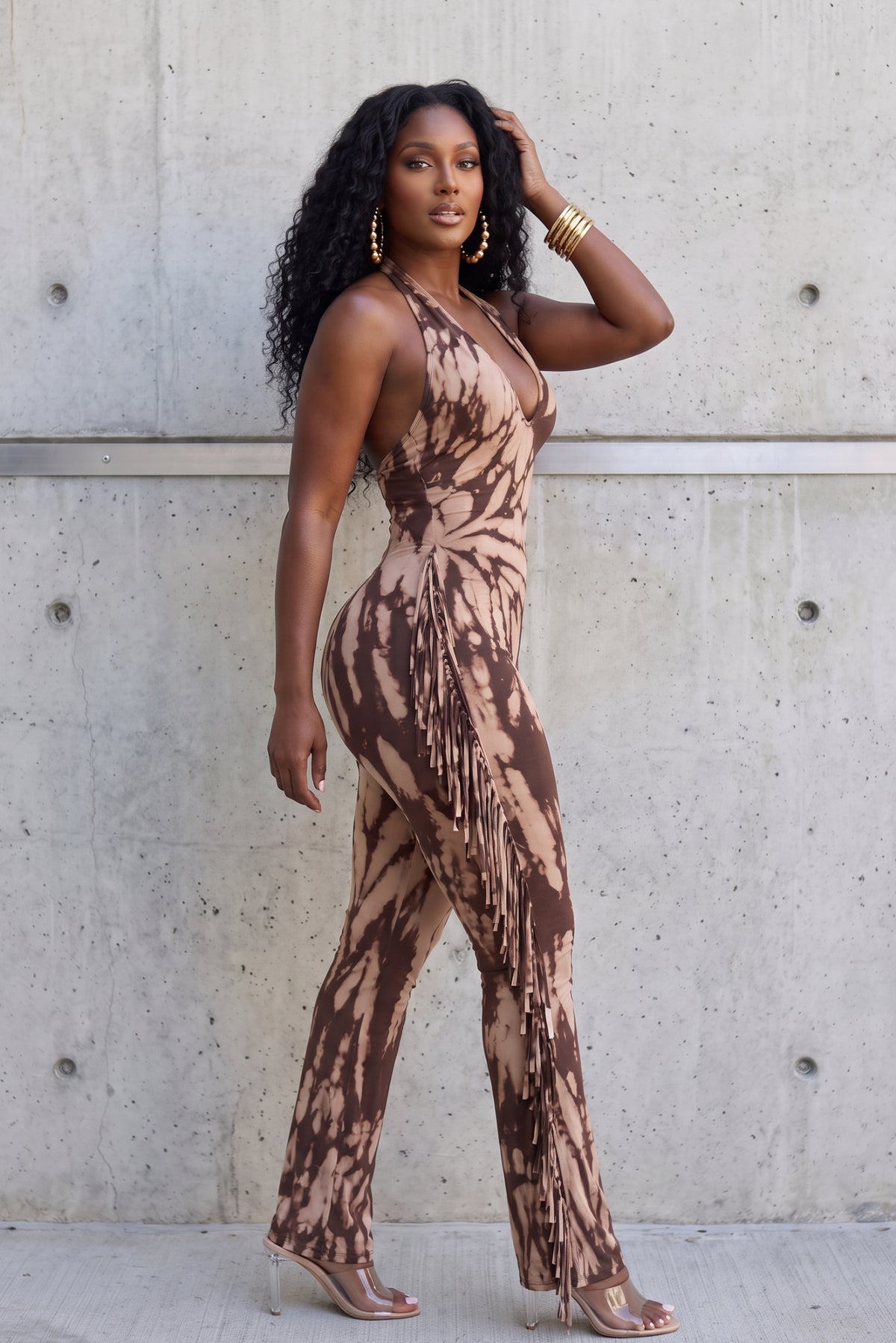 "TIED AND TRUE" FRINGE JUMPSUIT (BROWN/TAUPE))