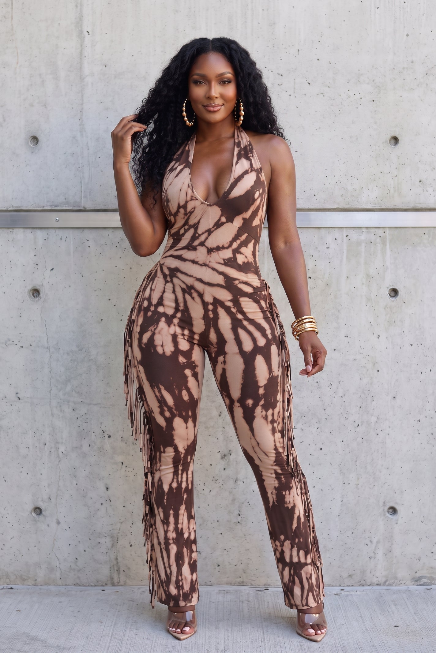 "TIED AND TRUE" FRINGE JUMPSUIT (BROWN/TAUPE))