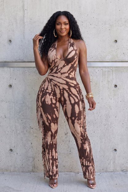 "TIED AND TRUE" FRINGE JUMPSUIT (BROWN/TAUPE))