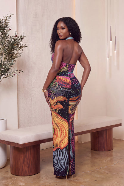 "KALEIDOSCOPE" GEMSTONE HALTER MAXI DRESS