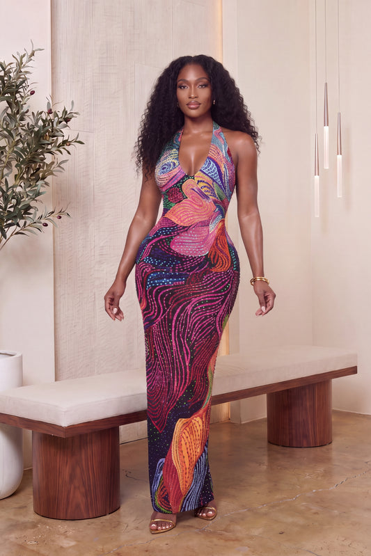 "KALEIDOSCOPE" GEMSTONE HALTER MAXI DRESS