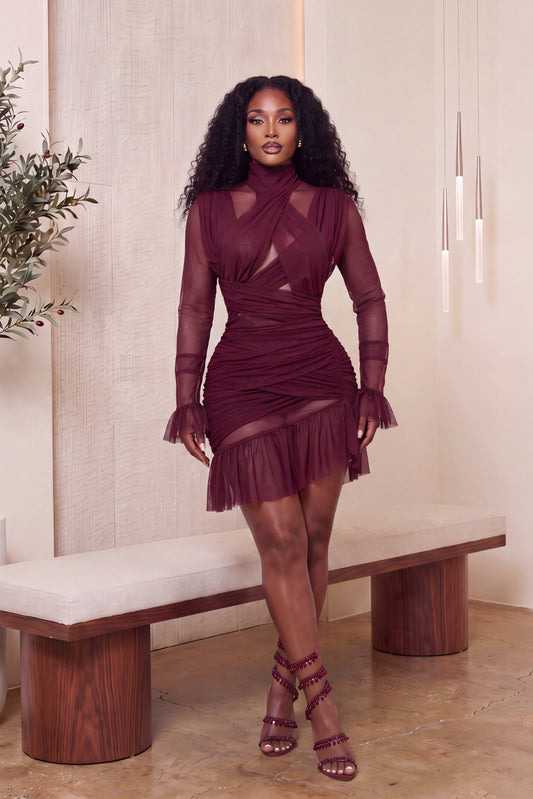 "PLOT TWIST" DRAPED MESH DRESS