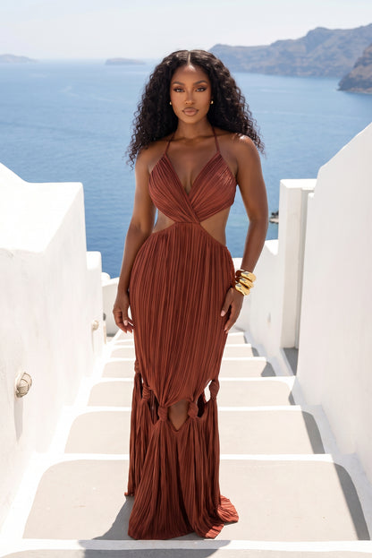 "GODDESS COMPLEX" PLEATED CUTOUT MAXI DRESS